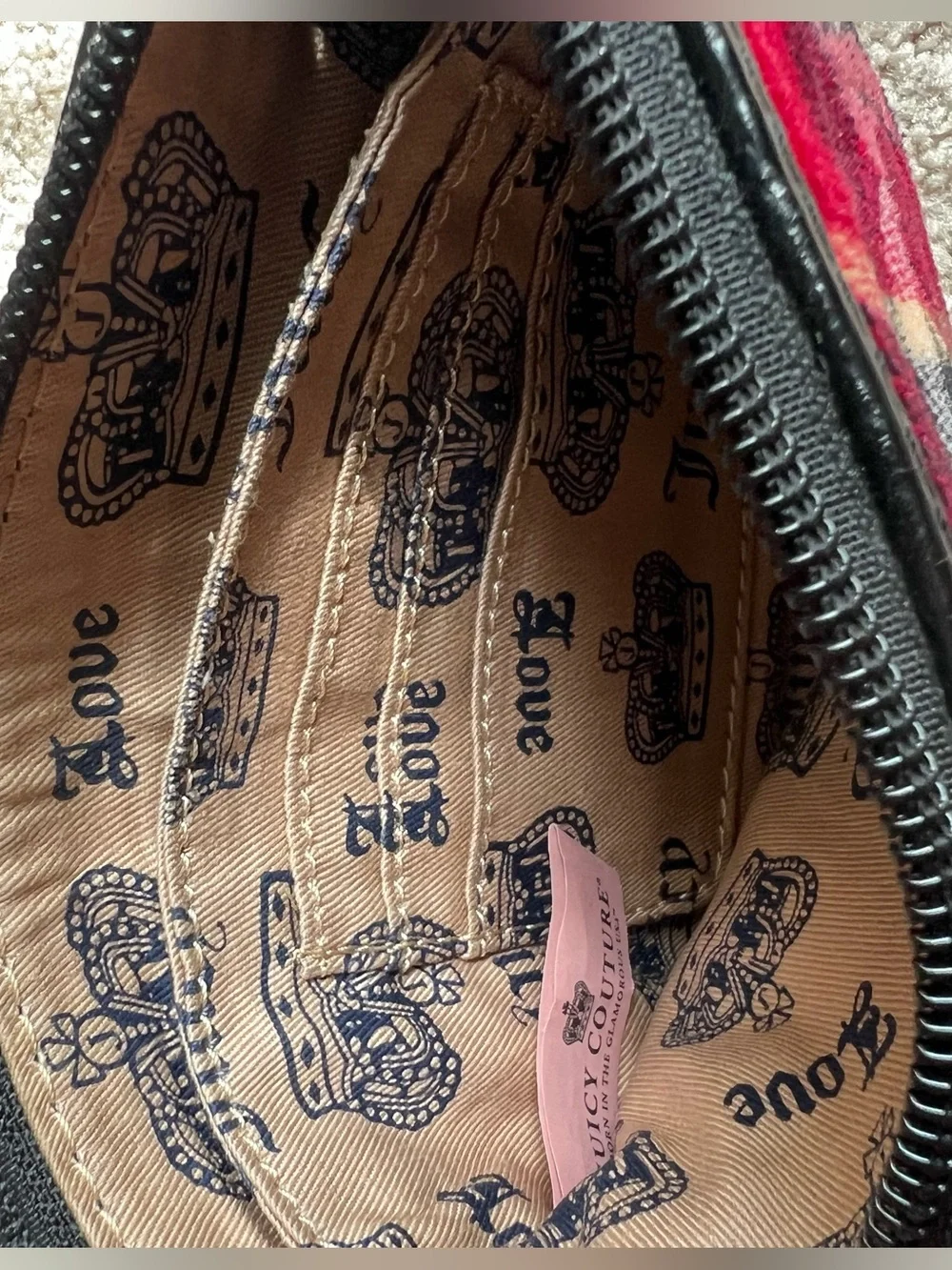 Juicy Couture Black Plaid Wristlet with Pink Embroidery